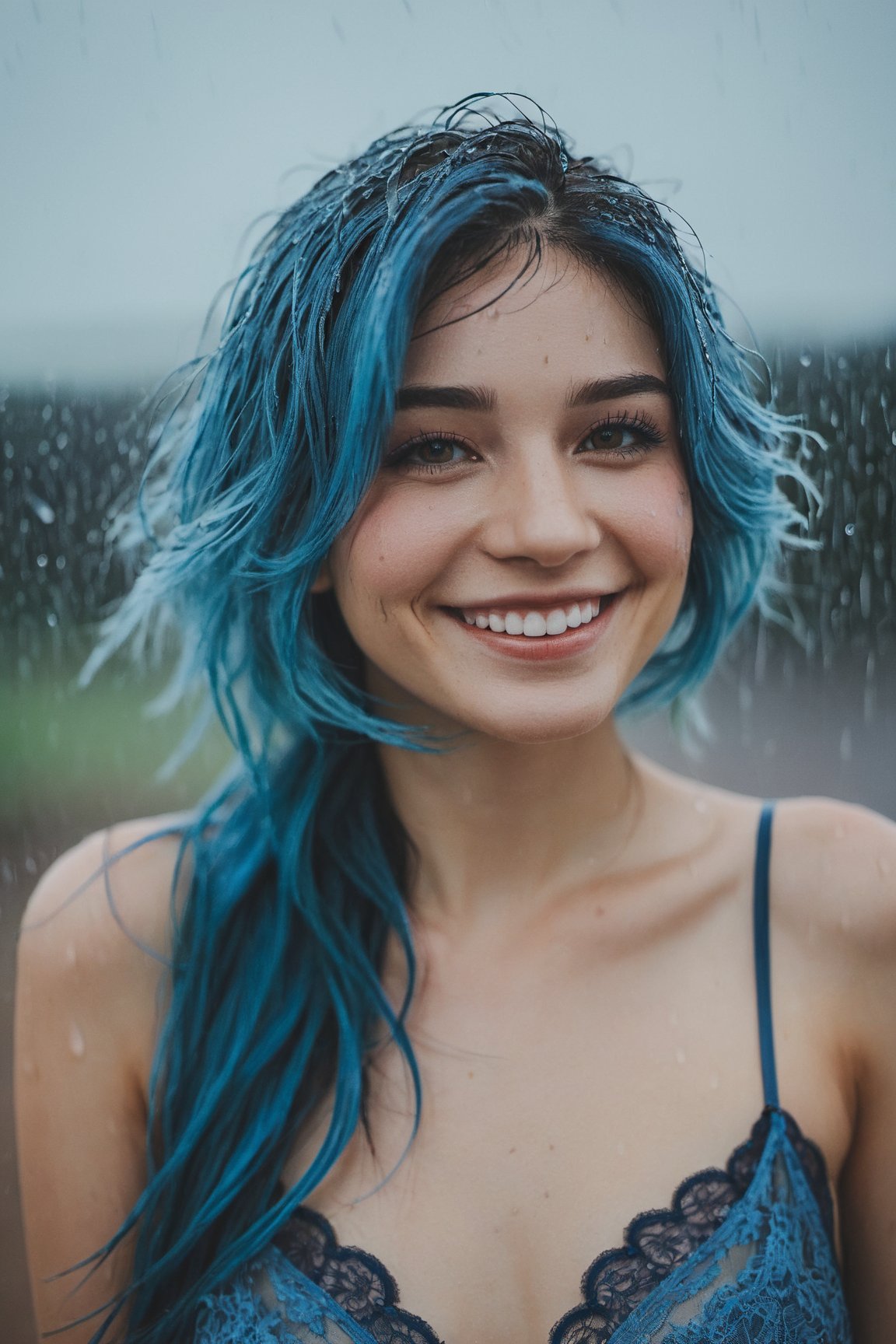 upper body of 20 years old blue hair woman, wearing lace lingerie, smiling under the rain, (masterpiece,best quality:1.5)