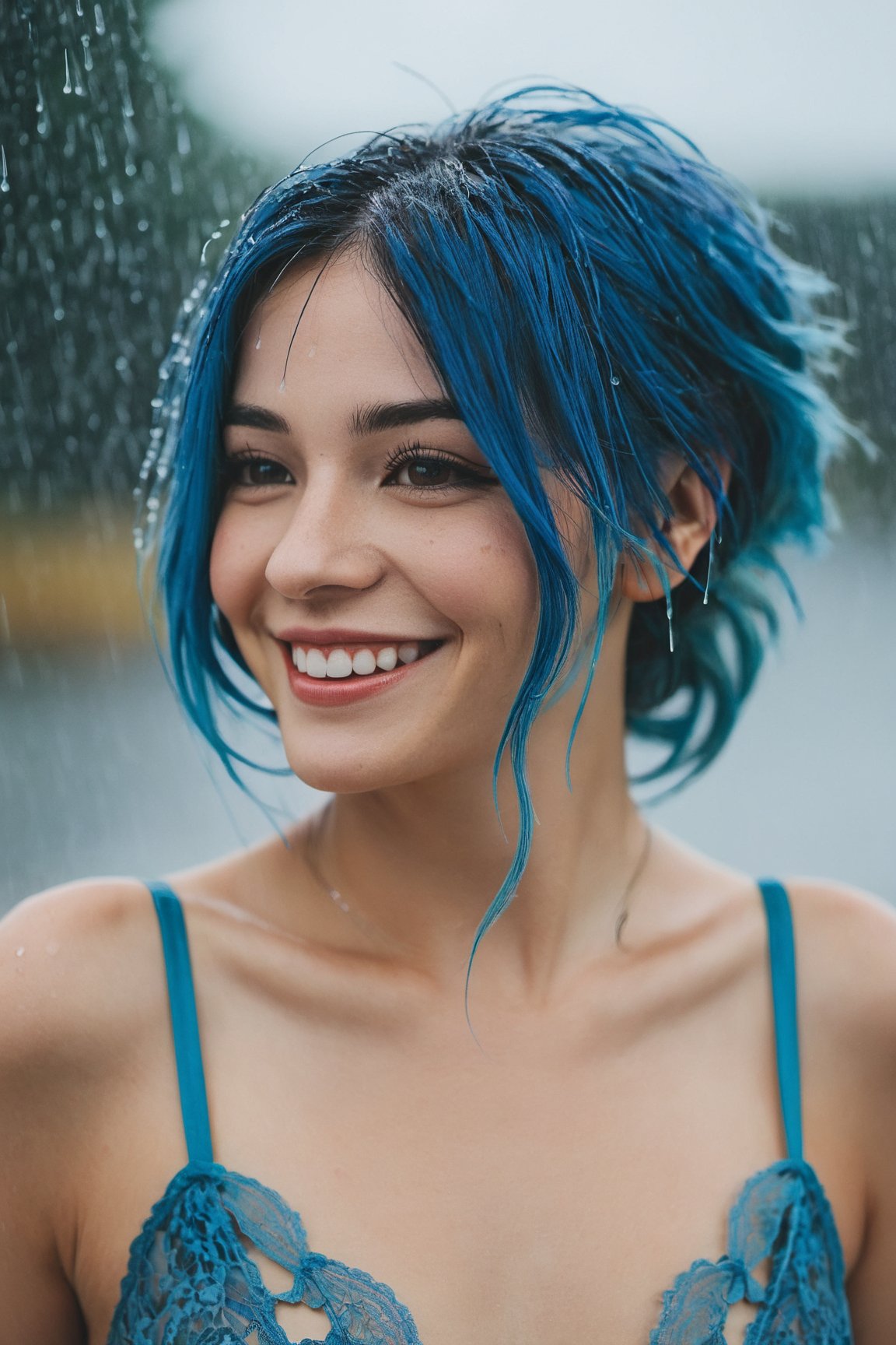 upper body of 20 years old blue hair woman, wearing lace lingerie, smiling under the rain, (masterpiece,best quality:1.5)