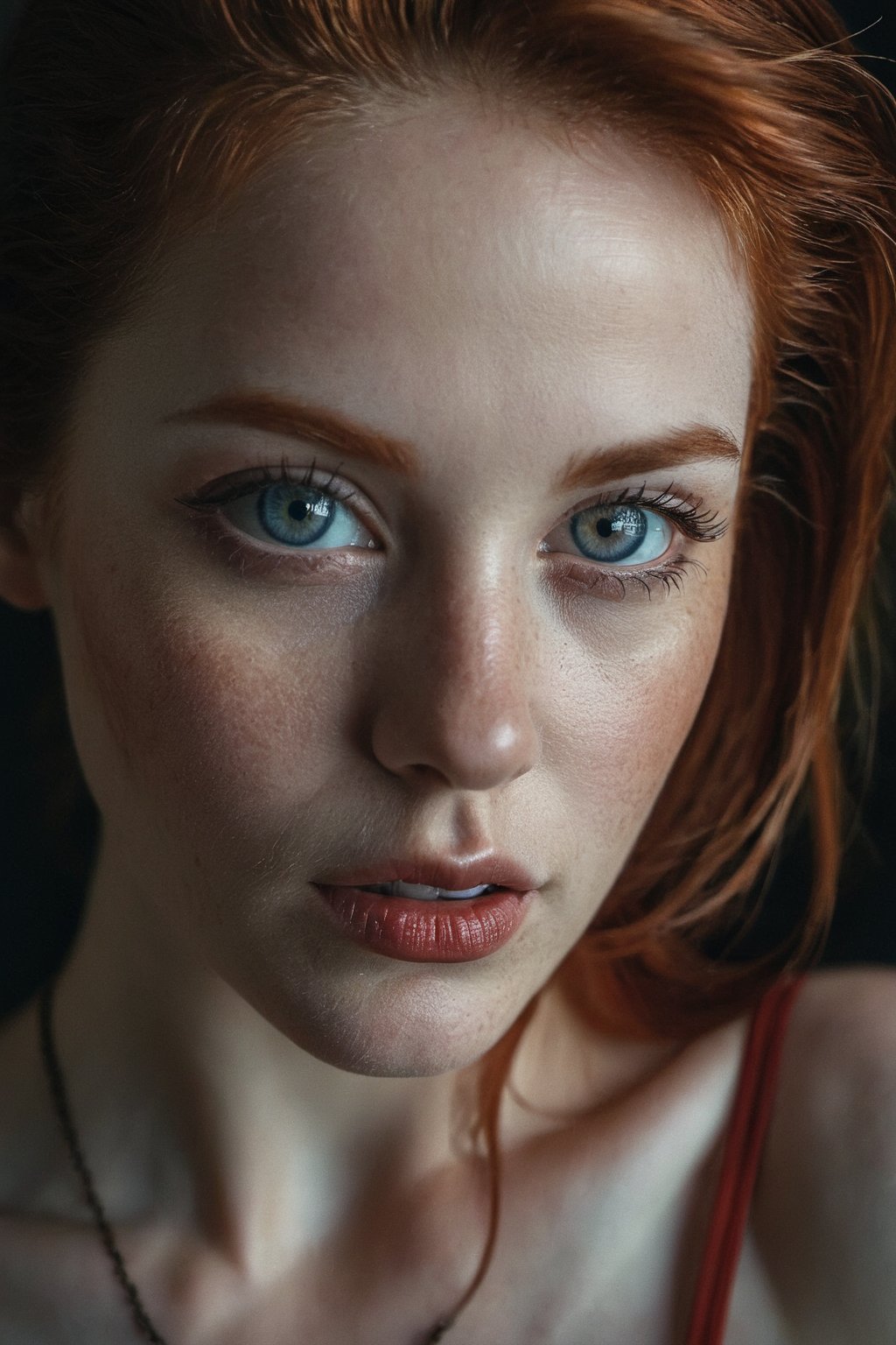 night,female,relaxed,backlit,(Deep Focus),contrast,(f_stop 2.8),(focal_length 35.0) f/2.8,35mm focal length,Photograph of (view from above:1.42),analog photo,silhouette,spotlight,upper body view showing her face and (cleavage:1.15),large breasts,a beautiful busty european woman,pale skin,highly detailed face,ultra detailed oiled sweaty dirty skin,natural red hair,blue piercing eyes,eyes squinted,(lustful facial expression, lusty, lascivious:1.3),1950s,dark background,warm colors,RAW candid cinema,16mm,color graded portra 400 film,remarkable color,ultra realistic,captured on a (Fujifilm X-Pro3) / (f_stop 16.0),(focal_length 24.0),highly realistic,realistic,masterpiece,absurdres,intircate,highly detailed,detailed,high quality,best quality,highres,photo_(medium),reality,dimly lit,low light,dim,dark,8k,cinematic lighting,volumetric lighting,dim lighting,professional photography,perfecteyes eyes,photo of perfecteyes eyes,detailed hair