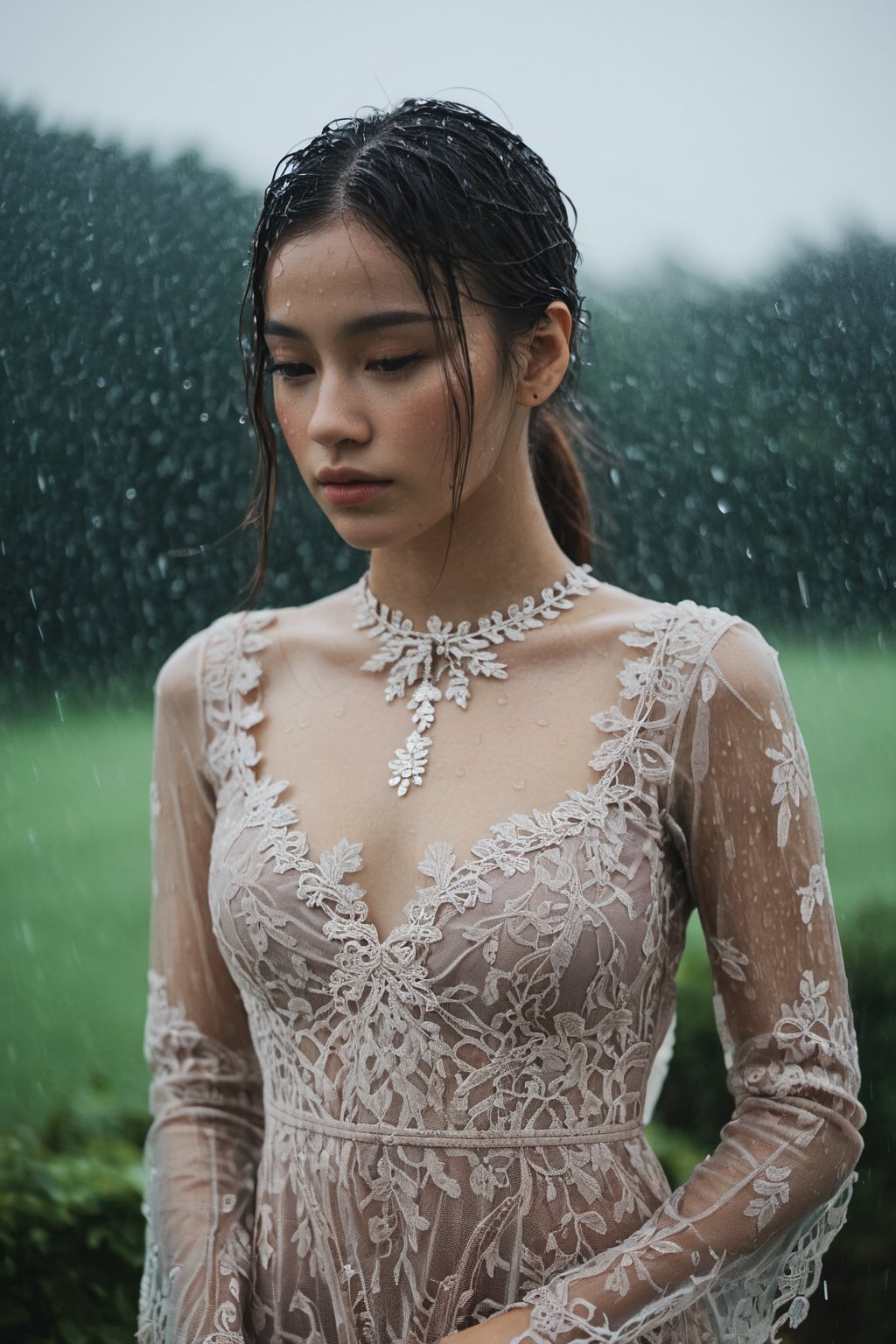 upper body of young woman wearing lace dress standing in the rain