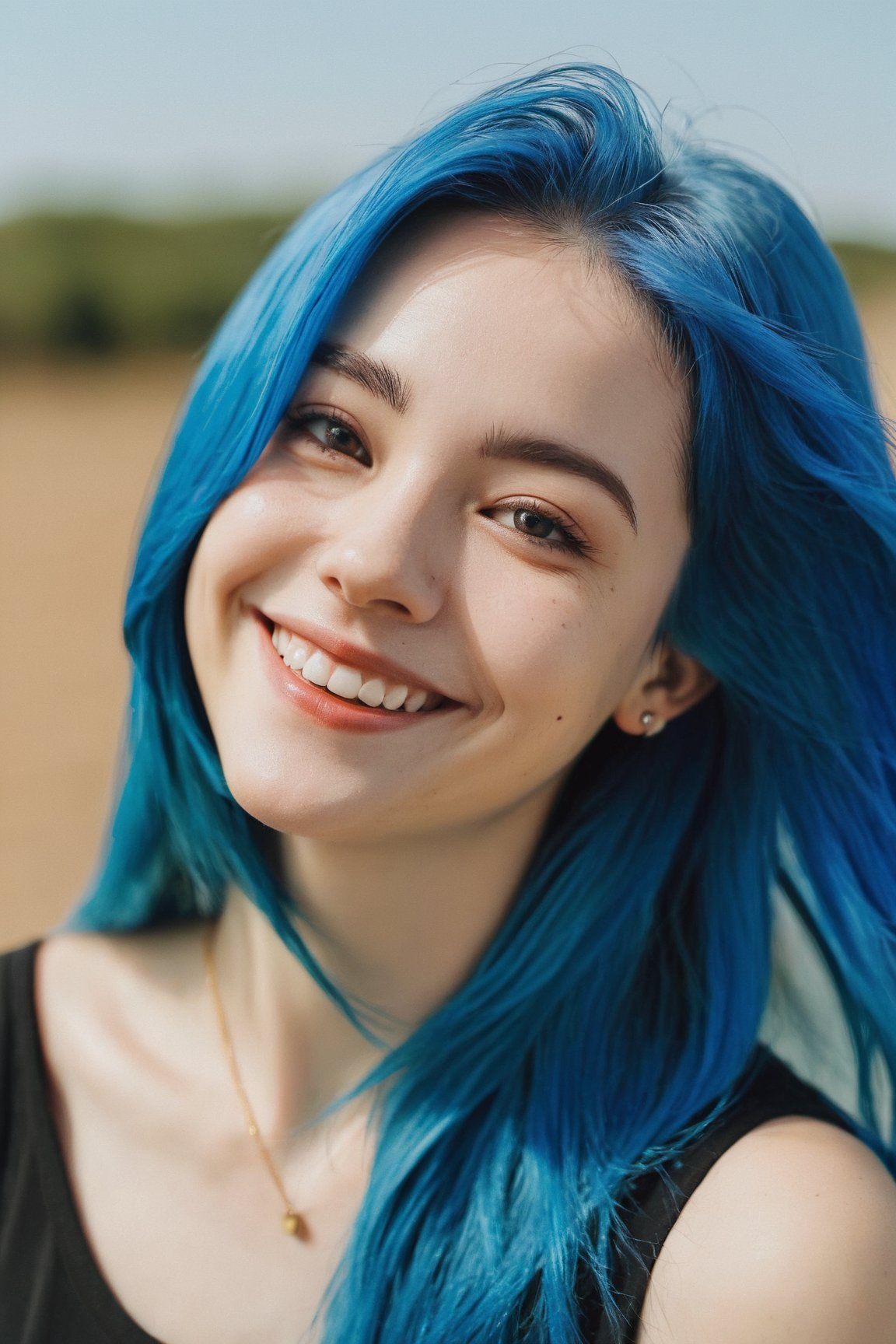 upper body of 22 years old blue hair woman, smiling under the sunlight, (masterpiece,best quality:1.5)