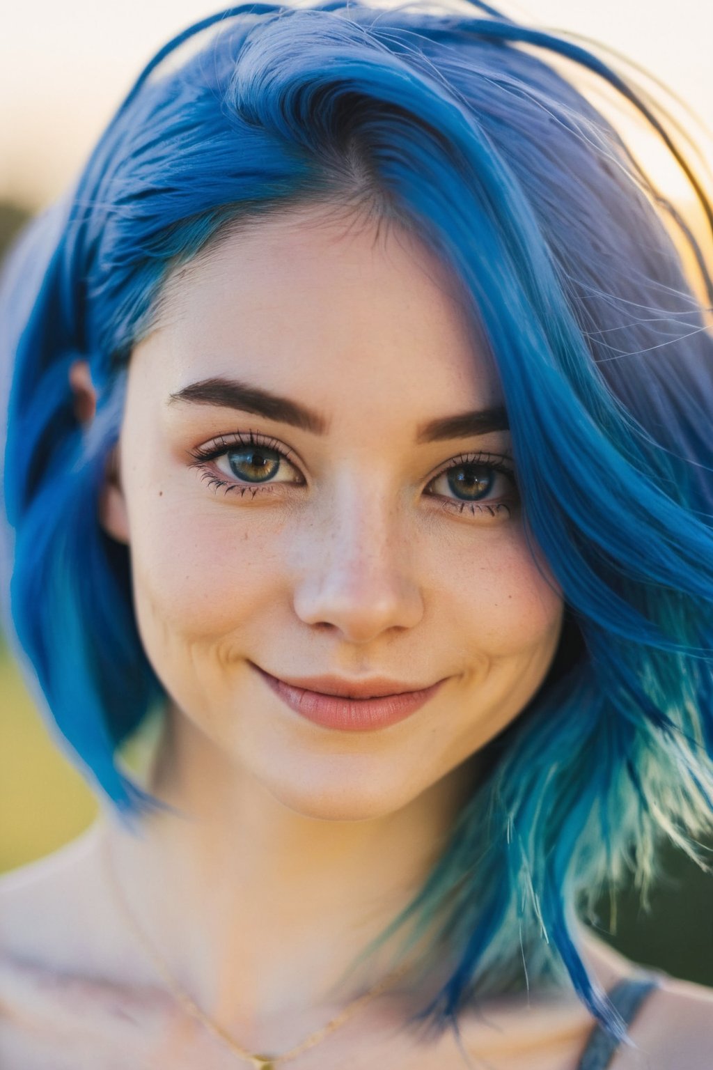 upper body of 22 years old blue hair woman, smiling under the sunlight
