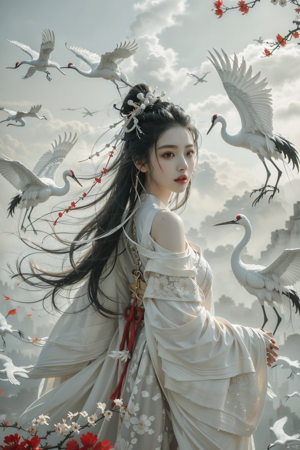 a girl,xianjing,Off-the-shoulder, white sling, bust photo,upper body,Hanfu, Cloud, Smoke,branch,flower,crane, xianjing