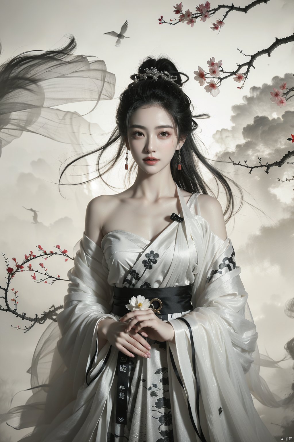  a girl,xianjing,Off-the-shoulder, white sling, bust photo,upper body,Hanfu, Cloud, Smoke,branch,flower, smile,Gaze at the audience, Ink scattering_Chinese style