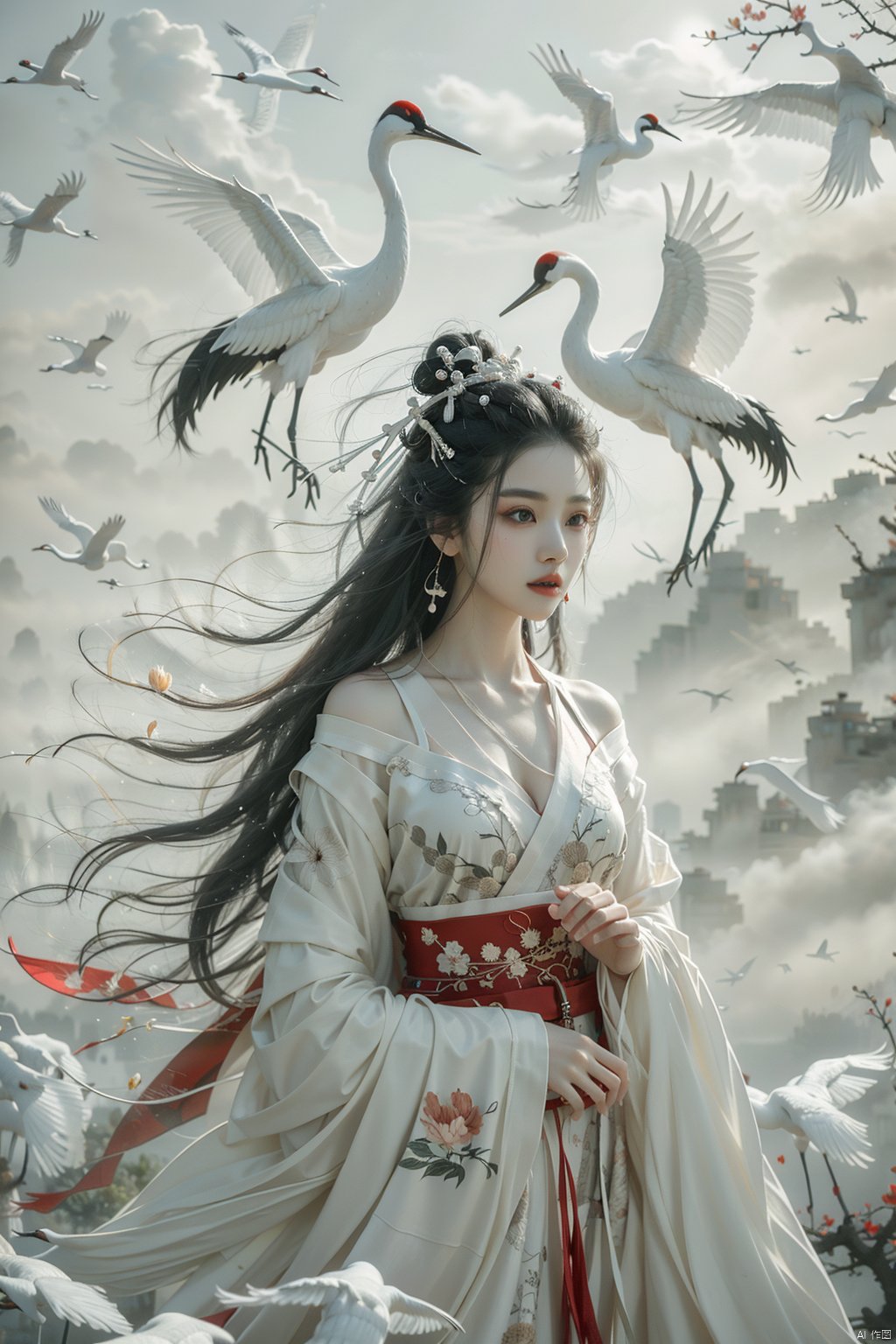 a girl,xianjing,Off-the-shoulder, white sling, bust photo,upper body,Hanfu, Cloud, Smoke,branch,flower,crane, xianjing