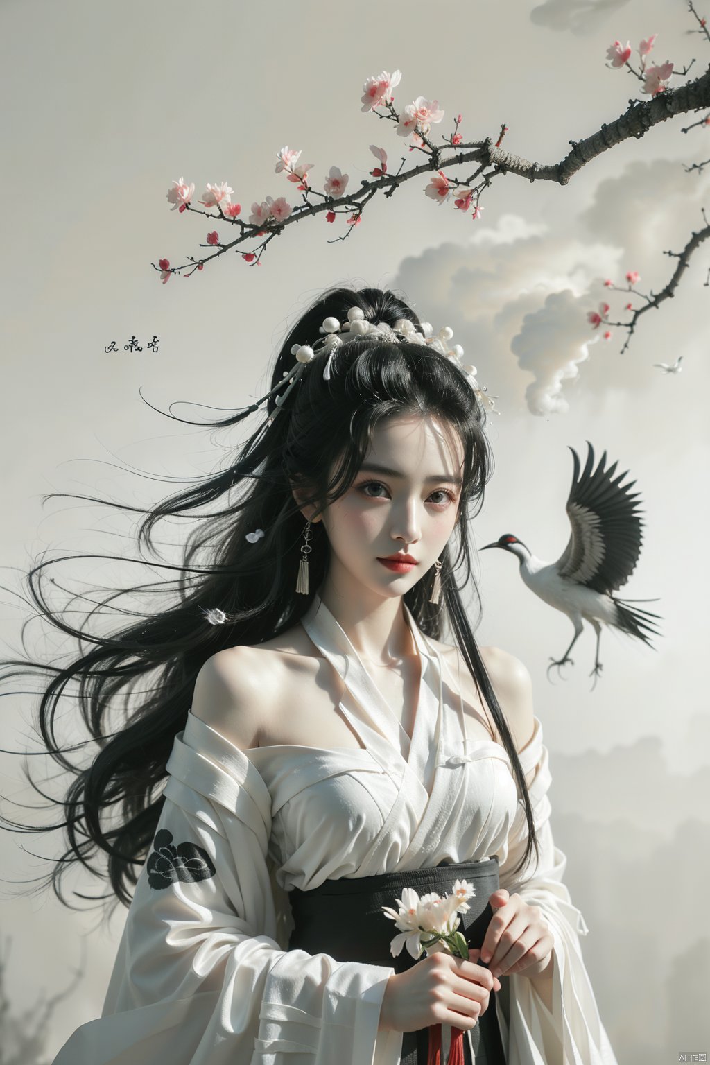  a girl,xianjing,Off-the-shoulder, white sling, bust photo,upper body,Hanfu, Cloud, Smoke,branch,flower, smile,Gaze at the audience, Ink scattering_Chinese style