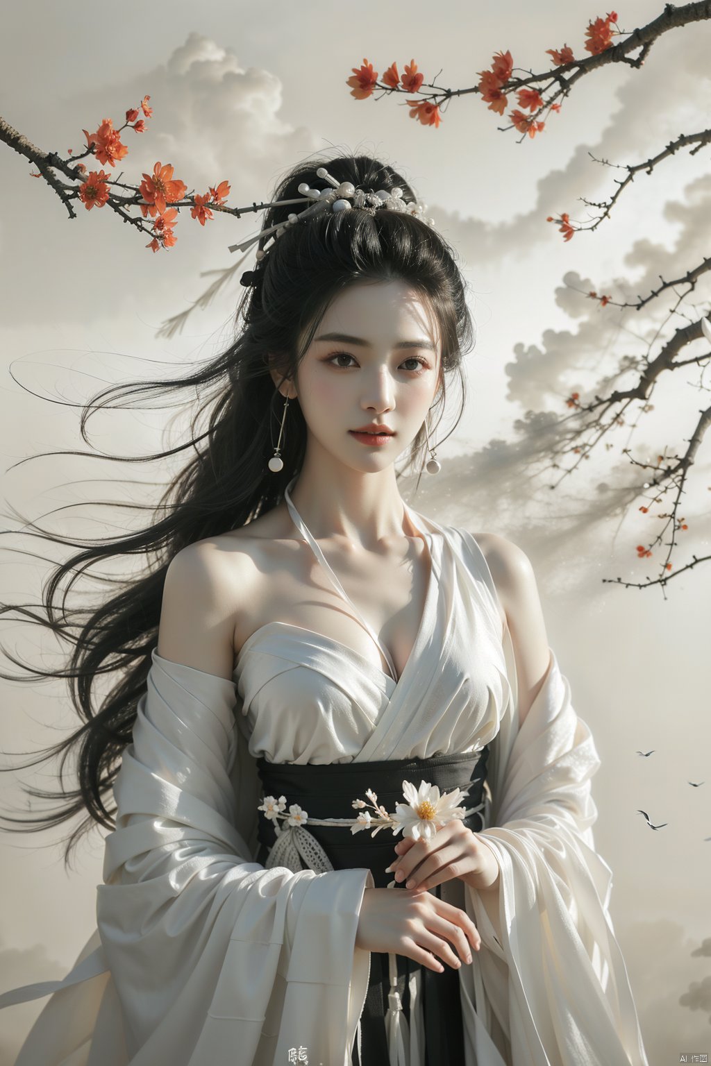  a girl,xianjing,Off-the-shoulder, white sling, bust photo,upper body,Hanfu, Cloud, Smoke,branch,flower, smile,Gaze at the audience, Ink scattering_Chinese style