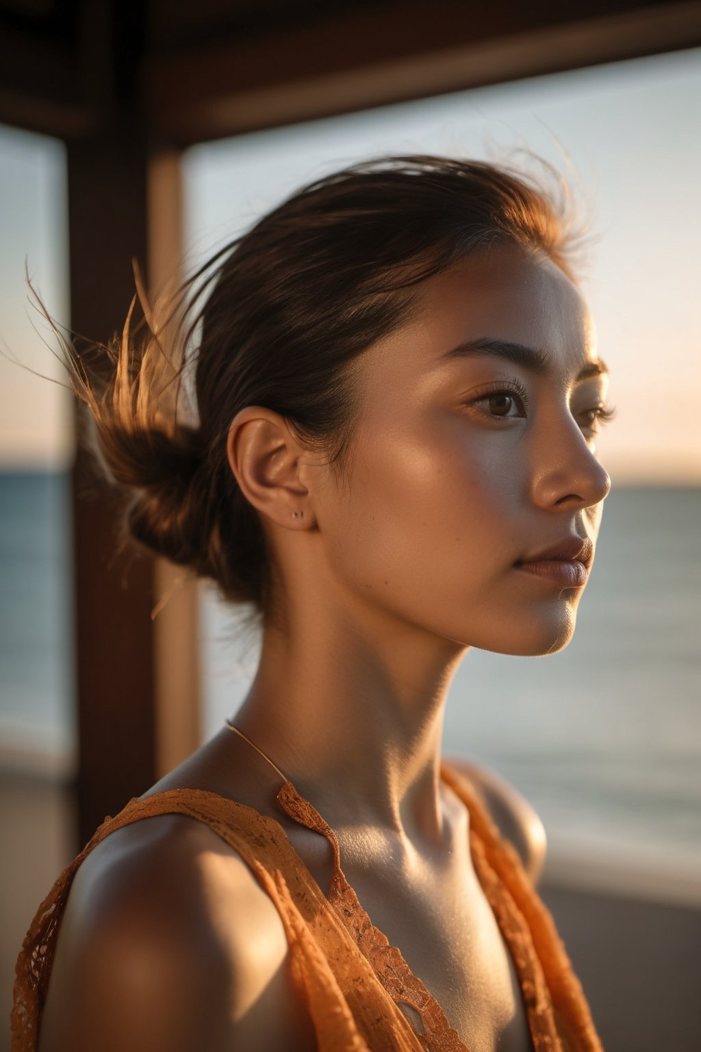 Snapped from a high vantage point with a Sony Alpha A7R IV, the image captures a person's visage in sharp detail. Sunlight filters in at a side angle, etching light and shadow across their face, which is marked by an enigmatic smirk. Poised with chin up and gaze fixed intently forward, they wear a breezy summer dress that billows slightly in the gentle breeze. Behind them, the setting sun bathes the tranquil sea and distant horizon in a warm, amber hue, underlining a perfect, balmy evening.