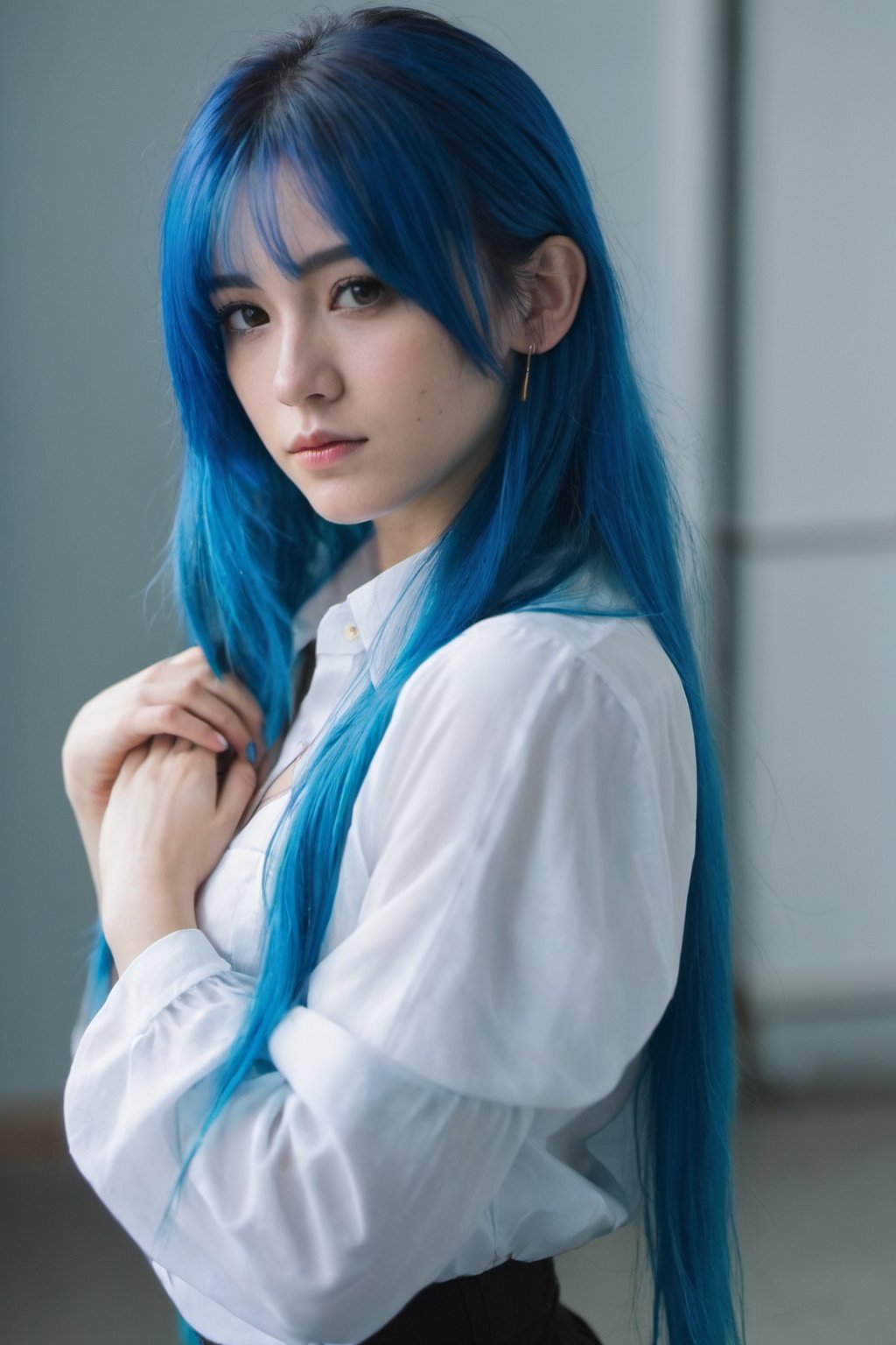 blue_hair female_focus grabbing hands_on_own_chest highres leaning_forward long_hair looking_at_viewer white_shirt