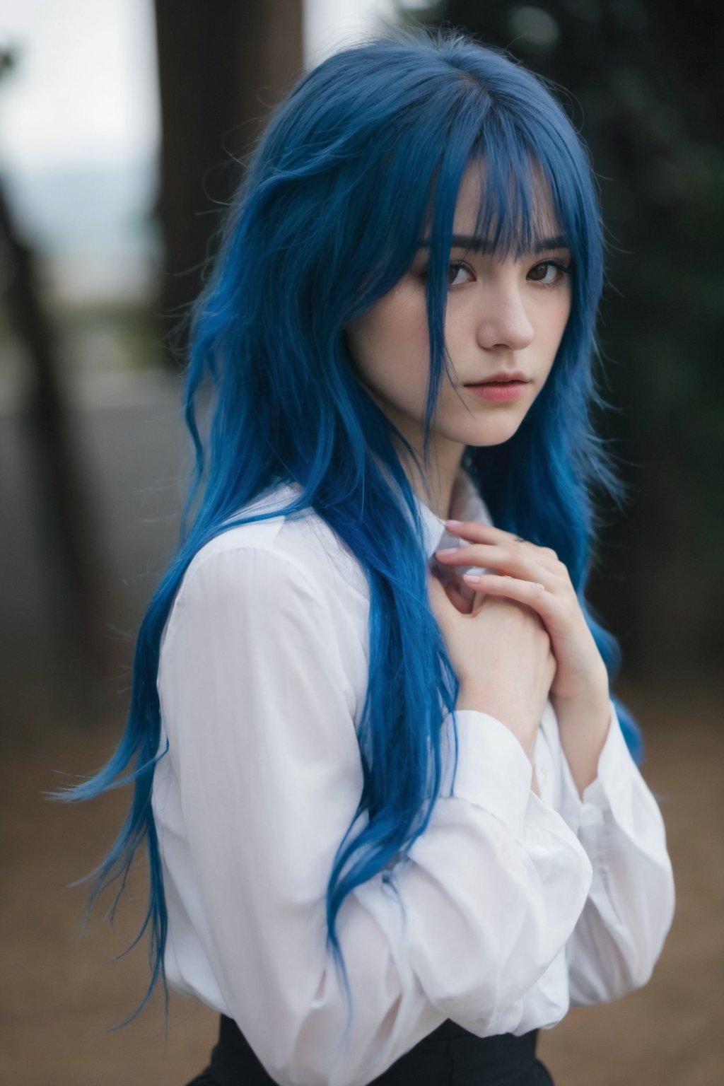 blue_hair female_focus grabbing hands_on_own_chest highres leaning_forward long_hair looking_at_viewer white_shirt