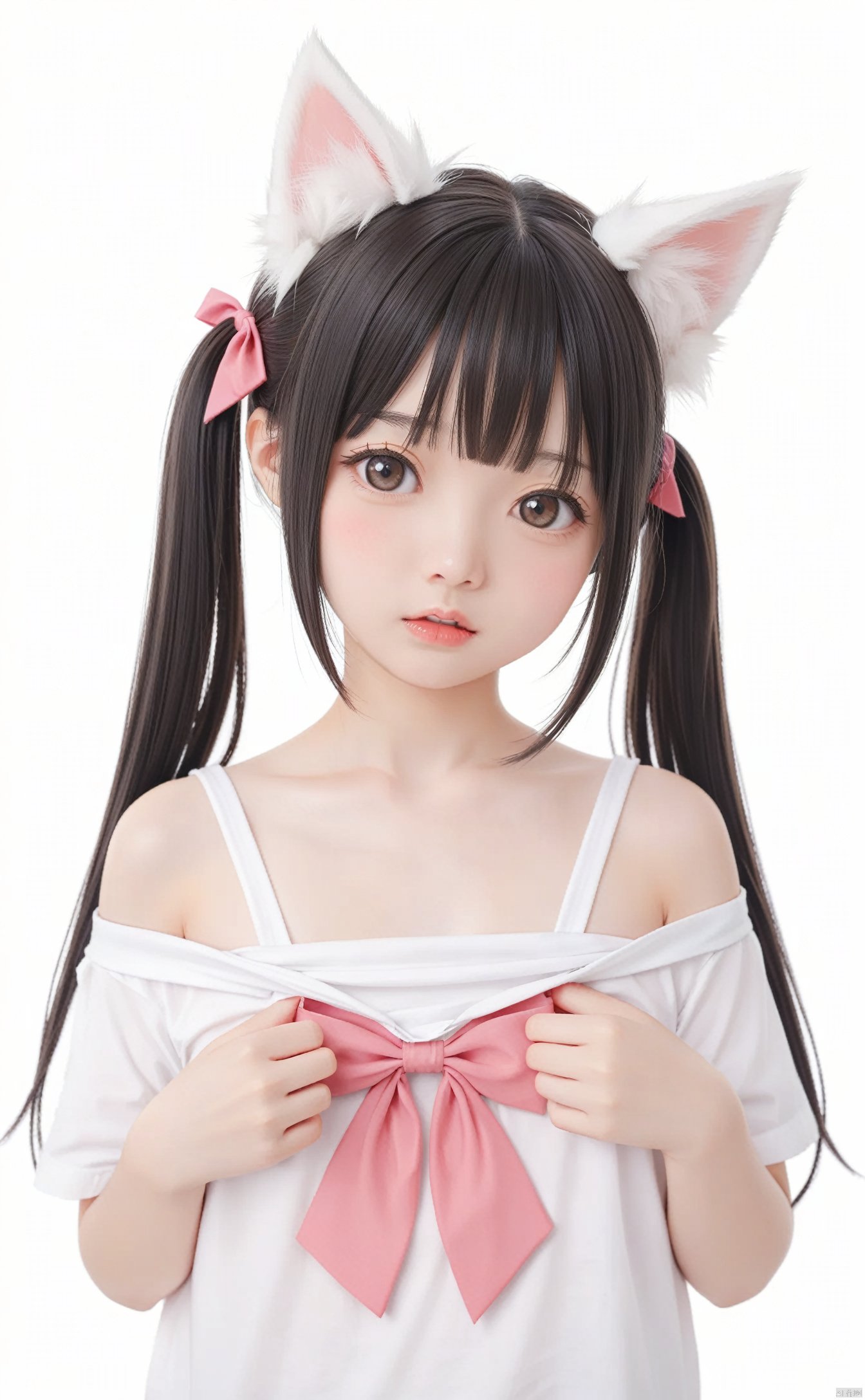 masterpiece,best quality,very long hair,cowboy shot,4349,animal_ears,1girl,twintails,simple_background,shirt_pull,white_background,long_hair,solo_focus,black_hair,cat_ears,looking_at_viewer,blush,parted_lips,bangs,loli,animal_ear_fluff,flat_chest,clothes_pull,bow,pink_bow,shirt,upper_body,hair_bow,bare_shoulders,off_shoulder,white_shirt,