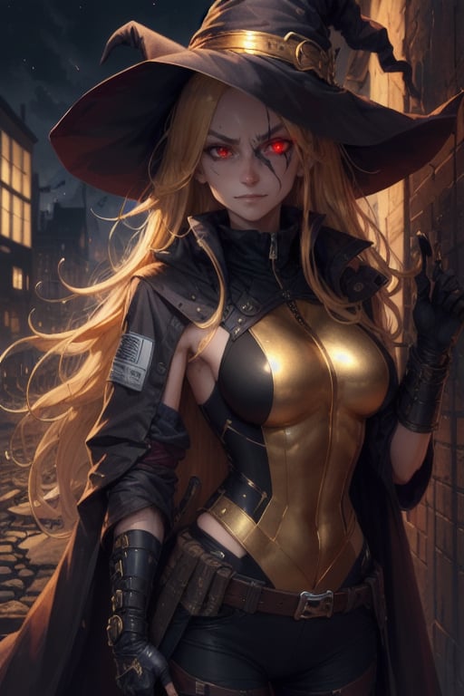 Red eyes, evil, golden, shiny, gold hair,High detailed ,midjourney,perfecteyes,Color magic,urban techwear,hmochako,better witch,witch, witch,Long hair ,long hair