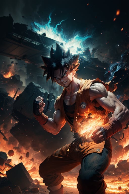 ((masterpiece, best quality)),(complex light),absurdres, highres, 1boy,solo,fighting stance, goku black,black hair,black eyes,blue fire destroyed debris background,smirk