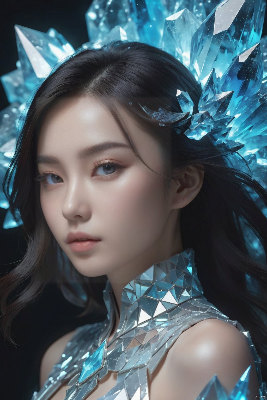  cinematic, fashion photo of a beautiful girl named yang ying in the style of neomorphism, the transformation of minerals into polymorphs, glowing crystals, hyper detailed, photorealistic, detailed glow, ambient occlusion, ambient light