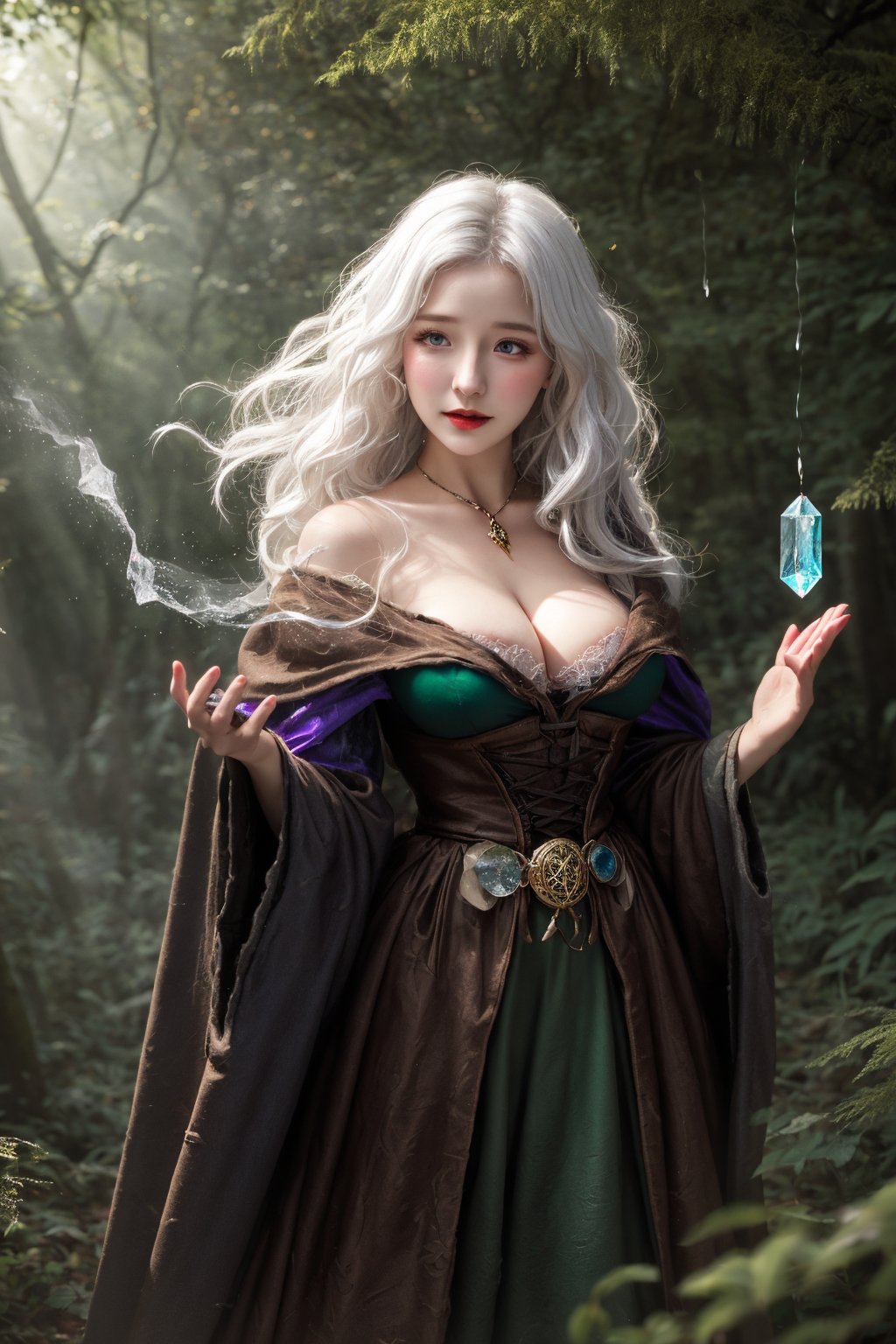 big_boobies woman, tiny nose, white hair, long wavy hair, downturned lips, oval-shaped cheek, doe eyes, bright expression, wearing witch attire, (in the forest) (casting ice spells on her hands) Fantasy,girl, Elise, Fantasy, Witch,elise,Fantasy,witchcraft