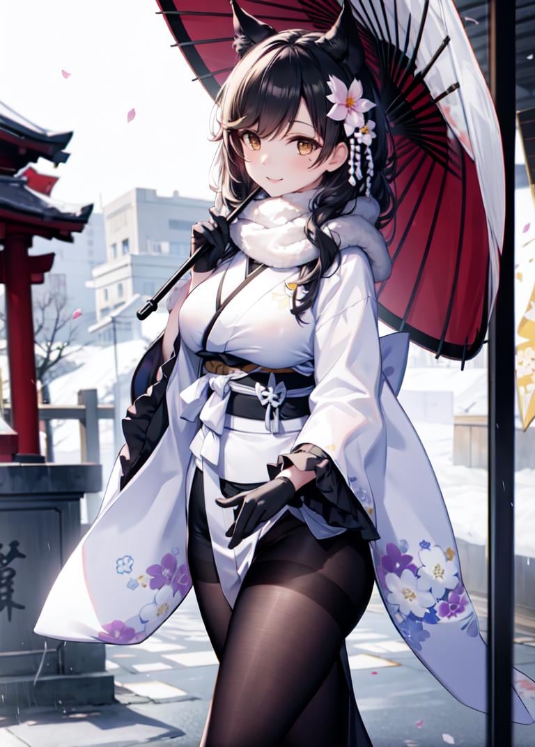 <lora:atago_SD1.5_v1.0:0.8>,atago_\(azur_lane\),brown_eyes,long hair,animal ears,mole_under_eye, japanese_clothes, hair_flower,frilled_sleeves,black gloves, white_scarf,outdoors, shrine,walking, smile, holding umbrella,, masterpiece, best quality, high contrast,