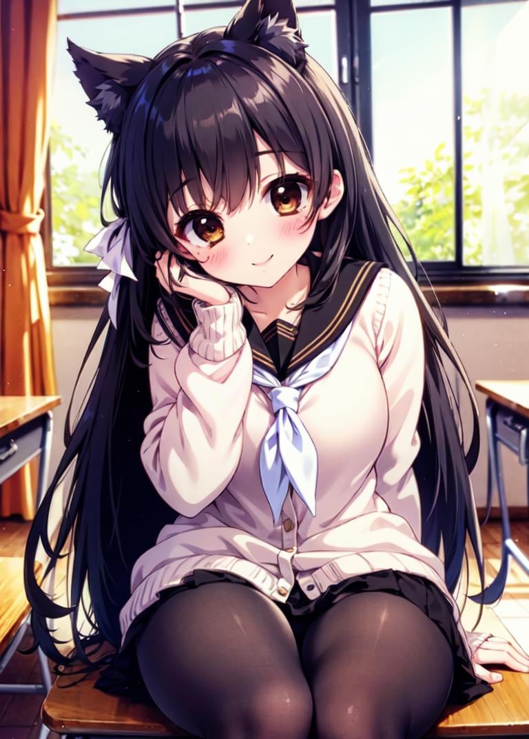 <lora:atago_SD1.5_v1.0:0.8>,atago_\(azur_lane\),brown_eyes,long hair,animal ears,mole_under_eye,sailor_collar, serafuku, pantyhose, cardigan,pleated skirt,sitting, head rest,classroom, looking at viewer,smile,, masterpiece, best quality, high contrast,