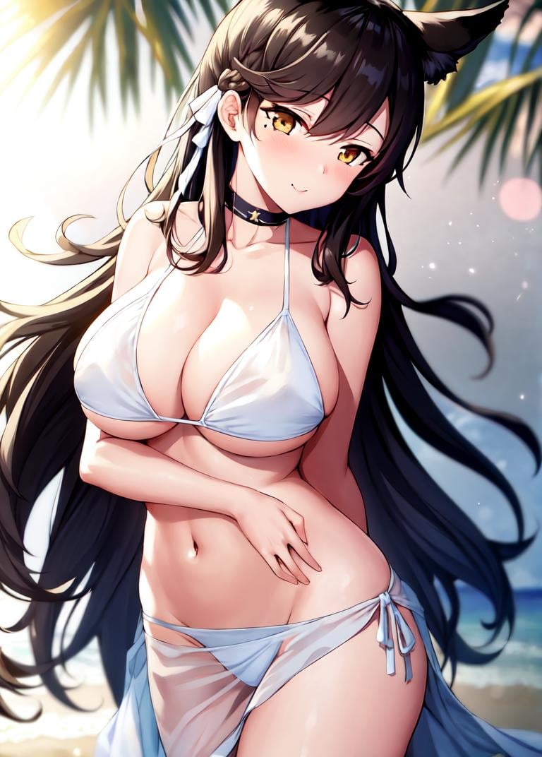 <lora:atago_SD1.5_v1.0:0.8>,atago_\(azur_lane\),brown_eyes,long hair,animal ears,mole_under_eye,atago_\(summer_march\)_\(azur_lane\), brown eyes,mole_under_eye,collarbone,white_bikini,sarong,beach, cowboy shot,, masterpiece, best quality, high contrast,