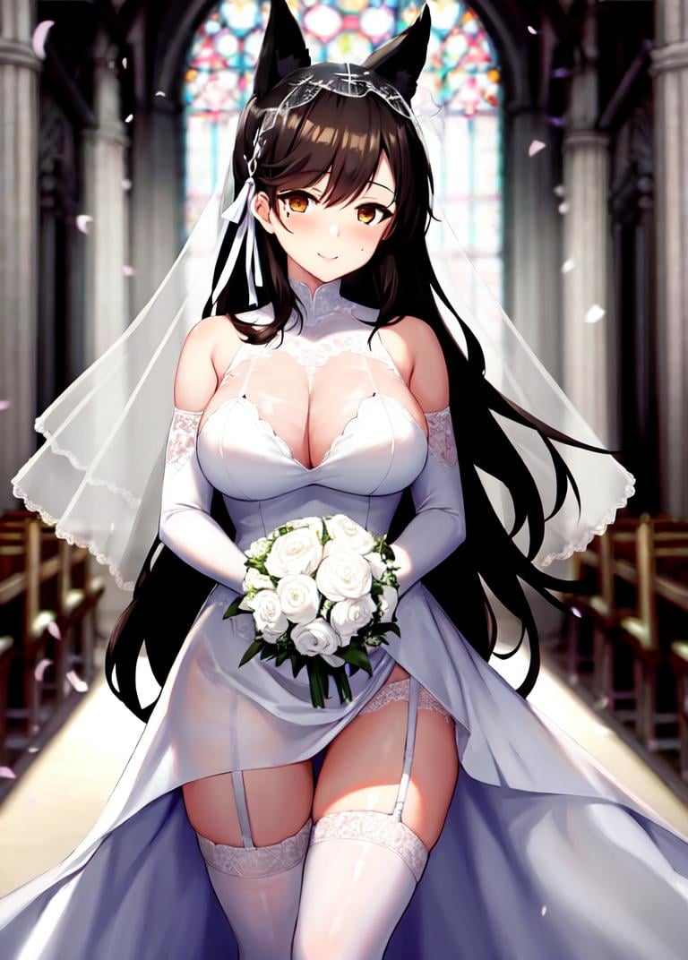 <lora:atago_SD1.5_v1.0:0.8>,atago_\(azur_lane\),brown_eyes,long hair,animal ears,mole_under_eye,white_ribbon, hair_ribbon,wedding_dress, bridal_veil, bridal_gauntlets,bare shoulders,white legwear,garter_straps, church,smile,holding bouquet,, masterpiece, best quality, high contrast,