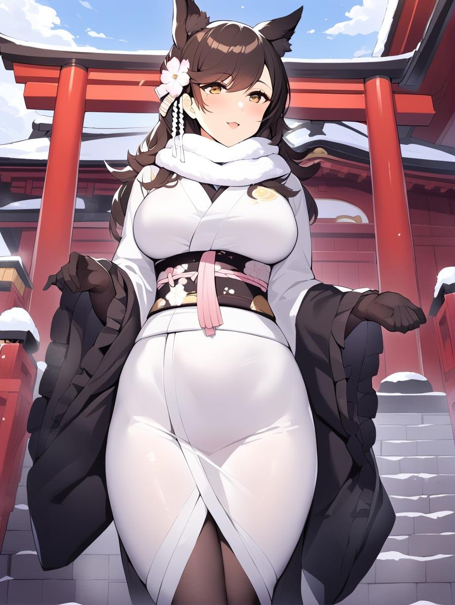 <lora:atago_XL_v1.0:1>,atago_\(azur_lane\),brown_eyes, japanese_clothes, hair_flower,frilled_sleeves,black gloves, white_scarf,outdoors, shrine,walking, masterpiece, best quality,