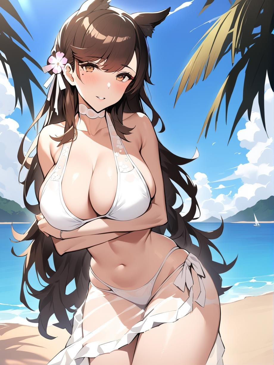 <lora:atago_XL_v1.0:0.8>,atago_\(azur_lane\),atago_\(summer_march\)_\(azur_lane\), brown eyes,mole_under_eye,white_bikini,sarong,beach, arm under breasts,cowboy shot,, masterpiece, best quality,