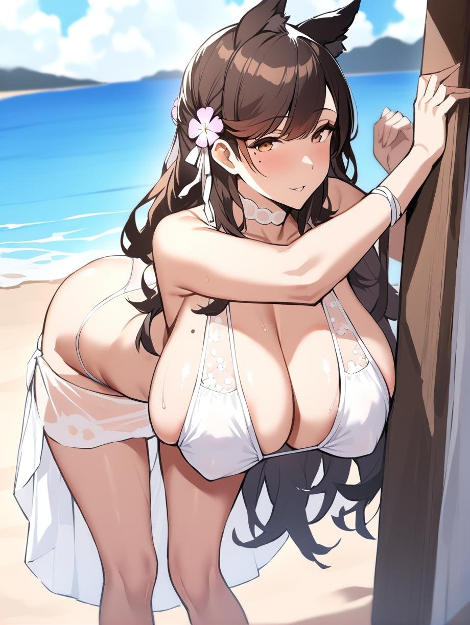 <lora:atago_XL_v1.0:0.8>,atago_\(azur_lane\),atago_\(summer_march\)_\(azur_lane\), brown eyes,mole_under_eye,white_bikini,sarong,beach, sagging breasts, leaning forward,solo,, masterpiece, best quality,