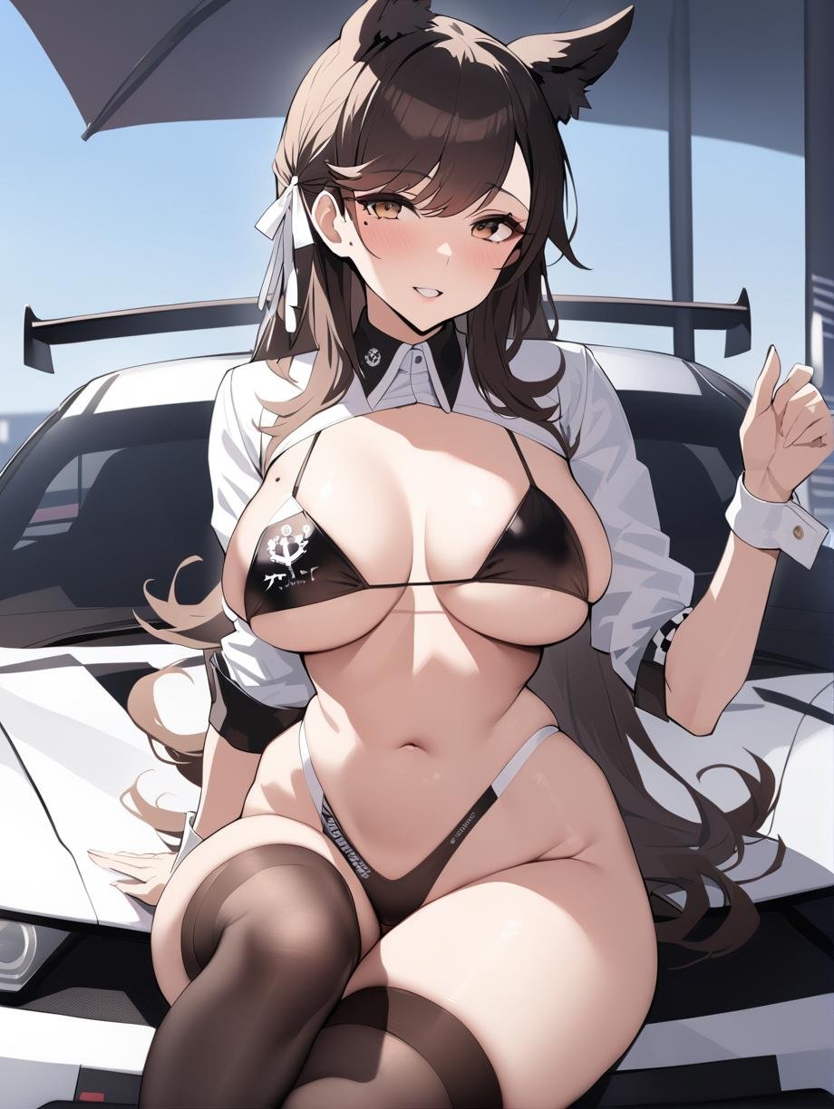 <lora:atago_XL_v1.0:0.8>,atago_\(azur_lane\),brown_eyes, race queen,mole_under_eye, wrist_cuffs,black_bikini,highleg, shrug_\(clothing\),black legwear, solo,sitting on the car,, masterpiece, best quality,