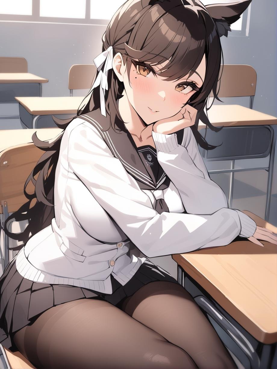 <lora:atago_XL_v1.0:0.8>,atago_\(azur_lane\),brown_eyes, race queen,mole_under_eye, sailor_collar, serafuku, pantyhose, cardigan,pleated skirt,sitting, head rest,classroom, looking at viewer,, masterpiece, best quality,