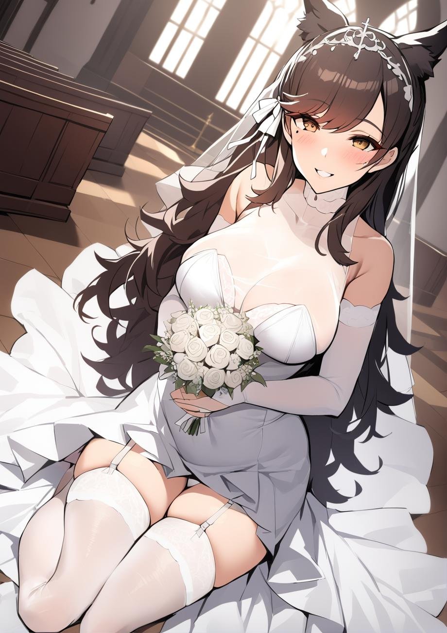 <lora:atago_XL_v1.0:1>,atago_\(azur_lane\), mole_under_eye, white_ribbon, hair_ribbon,wedding_dress, bridal_veil, bridal_gauntlets,white legwear,garter_straps, church,smile, bouquet, masterpiece, best quality,