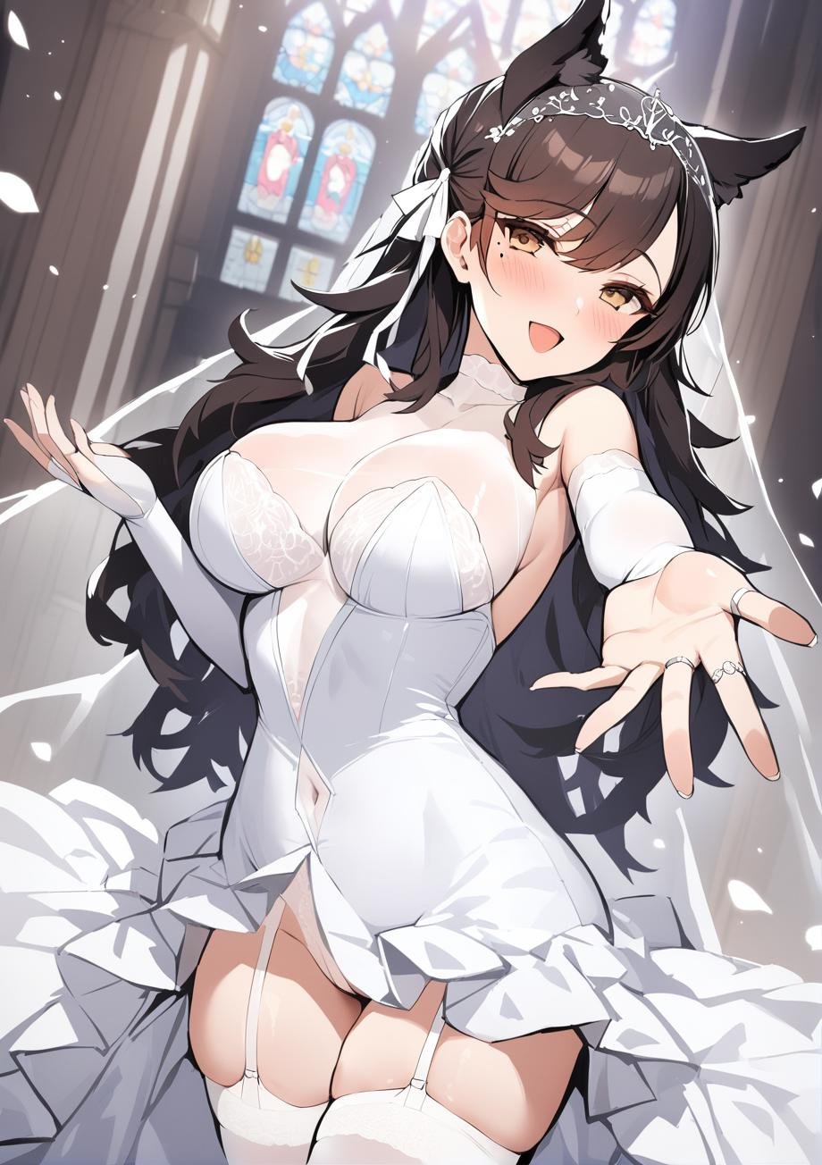 <lora:atago_XL_v1.0:1>,atago_\(azur_lane\), mole_under_eye, white_ribbon, hair_ribbon,wedding_dress, bridal_veil, bridal_gauntlets,white legwear,garter_straps, church,;d, wedding ring,outstretched hand, masterpiece, best quality,