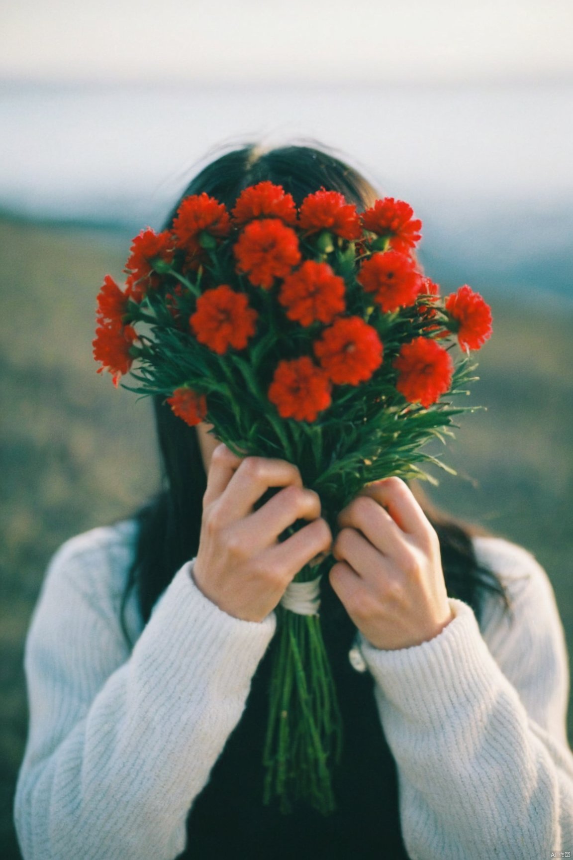 best quality,film grain,close-up,holding red flowers,white sweater,looking away from camera