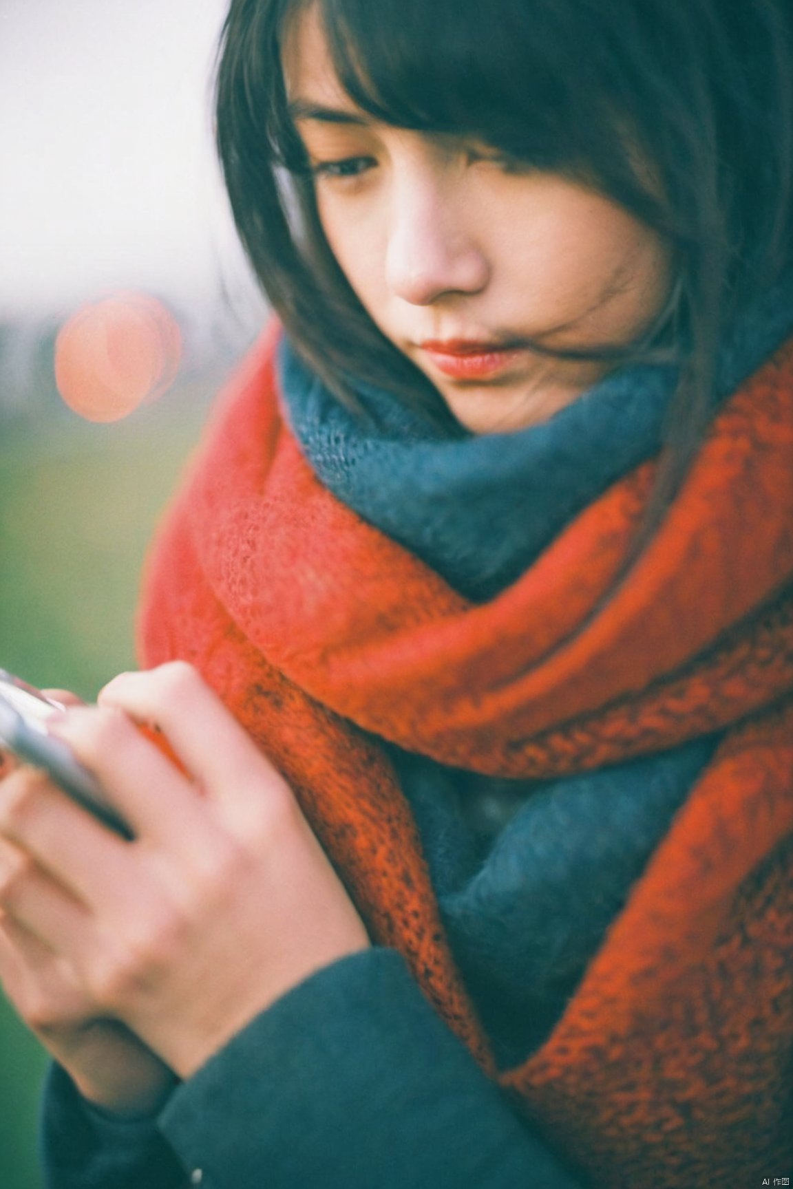 best quality,film grain,1girl,red scarf,looking at phone,bokeh background,outdoor setting