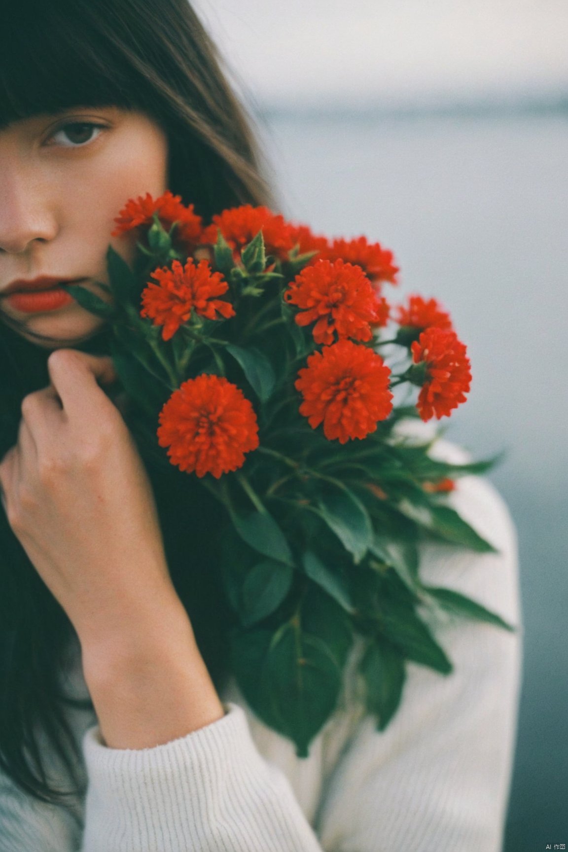 best quality,film grain,close-up,holding red flowers,white sweater,looking away from camera