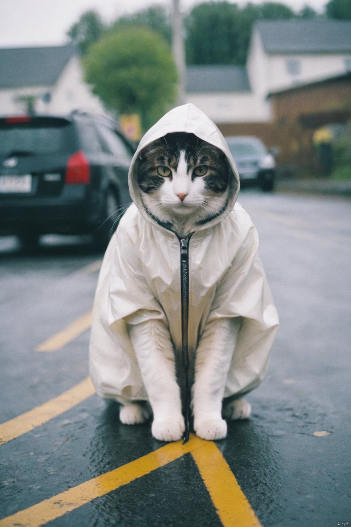 best quality,film grain,cat,no humans,hood,raincoat,whiskers,zipper,animal,solo,tail,animal focus