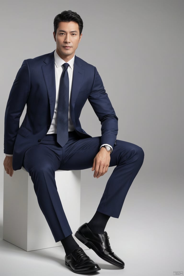  jzns,1man,male focus,mature,45y.o,asian,exquisite facial features,handsome,eye-catching,confident,suit,shirt,necktie,pants,formal sheer socks,footwear,fashion forward,sitting,graceful yet melancholic posture,Volumetric lighting,simple background,looking at viewer,(masterpiece, realistic, best quality, highly detailed),