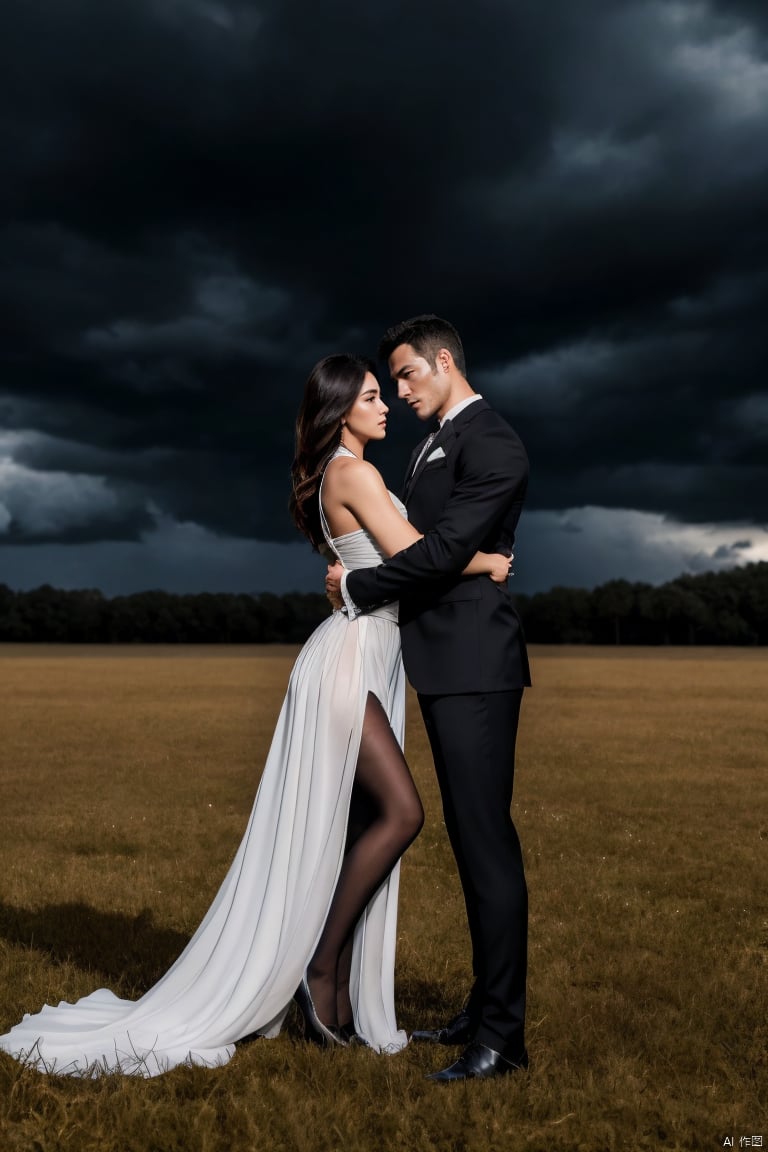  👫,a Handsome man and a sexy woman hugging together,standing in a field,Asian,exquisite facial features,(muscular man wearing formal suit,footwear), (slim woman wearing white Chiffon dress,the skirt sways with the wind,black pantyhose), face to face, affectionate, charming eyes, on the eve of the storm, dark clouds, cumulonimbus, solitary and mysterious atmosphere, graceful yet melancholic posture, Volumetric lighting,full shot,Ultra High Resolution,profession,High-end fashion photoshoot,(masterpiece, realistic, best quality, highly detailed),jzns,plns, ((poakl))