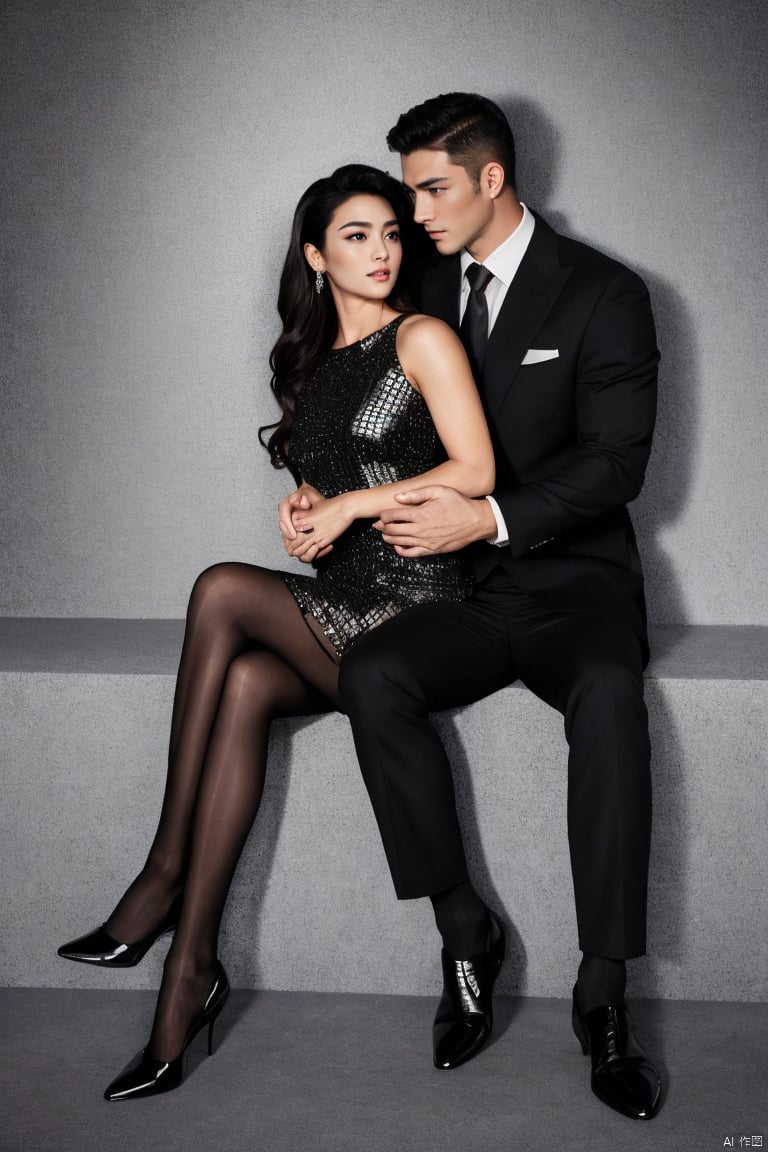  👫,a Handsome man and a sexy woman hugging together,standing,Asian,exquisite facial features,(muscular man wearing formal suit,formal sheer socks,footwear), (slim woman wearing black Mosaic dress which sways with the wind,black print pantyhose), face to face, affectionate, charming eyes,simple background, graceful yet melancholic posture, Volumetric lighting,full shot,from above,Ultra High Resolution,profession,High-end fashion photoshoot,(masterpiece, realistic, best quality, highly detailed),jzns,plns, ((poakl))