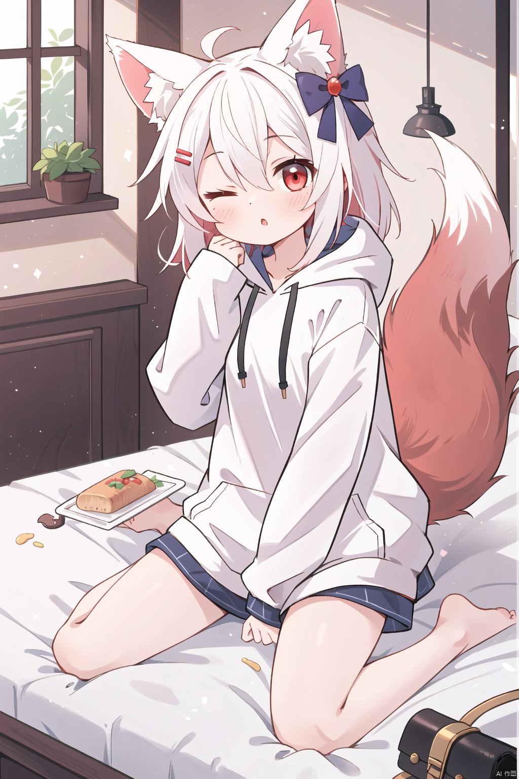 1girl, solo, long hair, looking at viewer, blush, bangs, hair ornament, red eyes, long sleeves, bow, animal ears, hair between eyes, sitting, tail, white hair, hair bow, parted lips, one eye closed, barefoot, indoors, hood, animal ear fluff, sleeves past wrists, fox ears, window, bed, hoodie, fox tail, bottomless, wariza, hood down, fox girl, sleeves past fingers, food-themed hair ornament, ;o, white hoodie, waking up