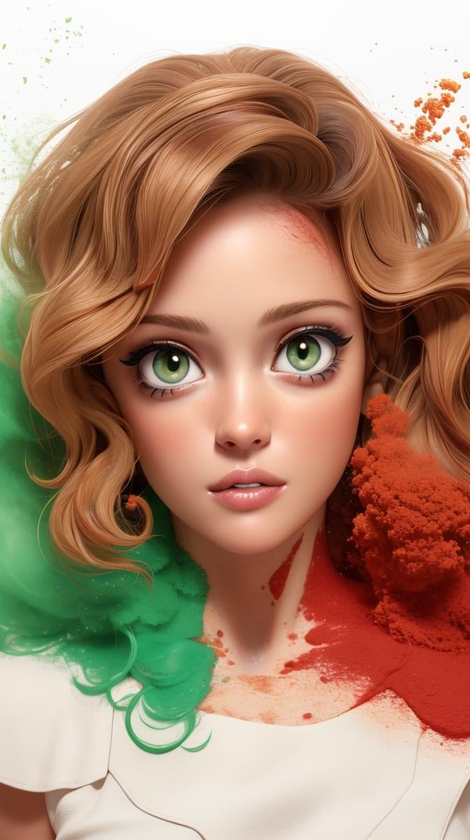 <lora:Sexy-Italian:1> brown wavy hair, ((hazel eyes)), full lips, green powder, white powder and red powder splashes on background, high quality photography, <lora:powder_v1.0:1>