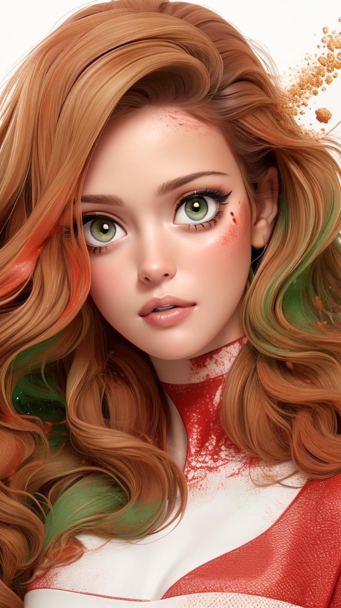 <lora:Sexy-Italian:1> brown wavy hair, ((hazel eyes)), full lips, green powder, white powder and red powder splashes on background, high quality photography, <lora:powder_v1.0:1>