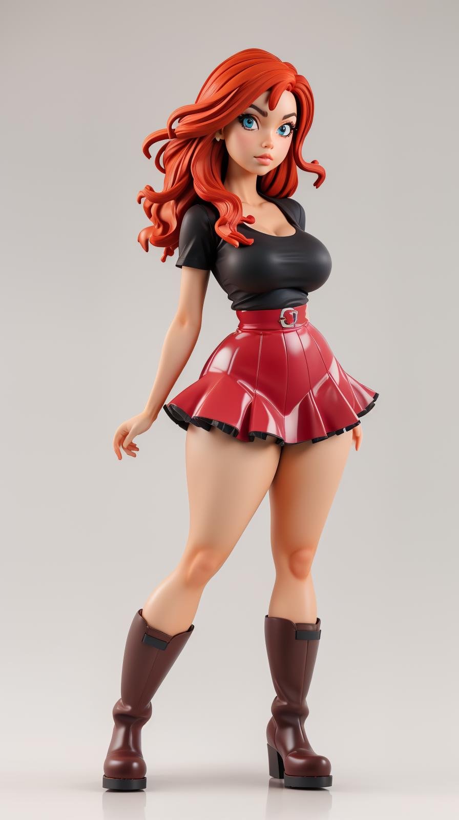 <lora:Sexy-Scottish:1> straight red hair, aqua eyes, just face, as  pvc figure, black top, red frilled skirt, brown boots, looking at viewer, perfect hands, big breast, wide hips, thick thighs, ultra realistic digital art, a 3D render, photorealism, clean scene, white background, circular base, <lora:p3r3zstyle_v3:0.4>  <lora:P2p0:0.4> <lora:Sexy-Figures:1> 