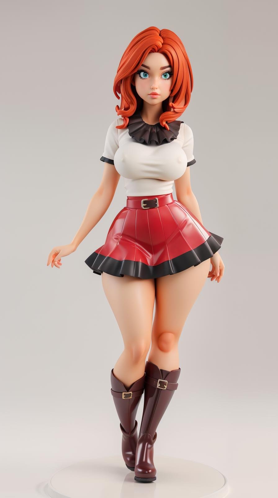 <lora:Sexy-Scottish:1> straight red hair, aqua eyes, just face, as  pvc figure, black top, red frilled skirt, brown boots, looking at viewer, perfect hands, big breast, wide hips, thick thighs, ultra realistic digital art, a 3D render, photorealism, clean scene, white background, circular base, <lora:p3r3zstyle_v3:0.4>  <lora:P2p0:0.4> <lora:Sexy-Figures:1> 