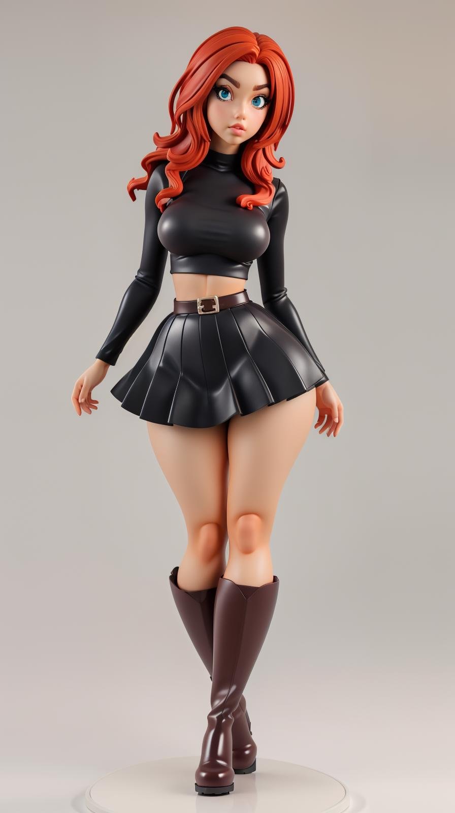 <lora:Sexy-Scottish:1> straight red hair, aqua eyes, just face, as  pvc figure, black top, red frilled skirt, brown boots, looking at viewer, perfect hands, big breast, wide hips, thick thighs, ultra realistic digital art, a 3D render, photorealism, clean scene, white background, circular base, <lora:p3r3zstyle_v3:0.4>  <lora:P2p0:0.4> <lora:Sexy-Figures:1> 