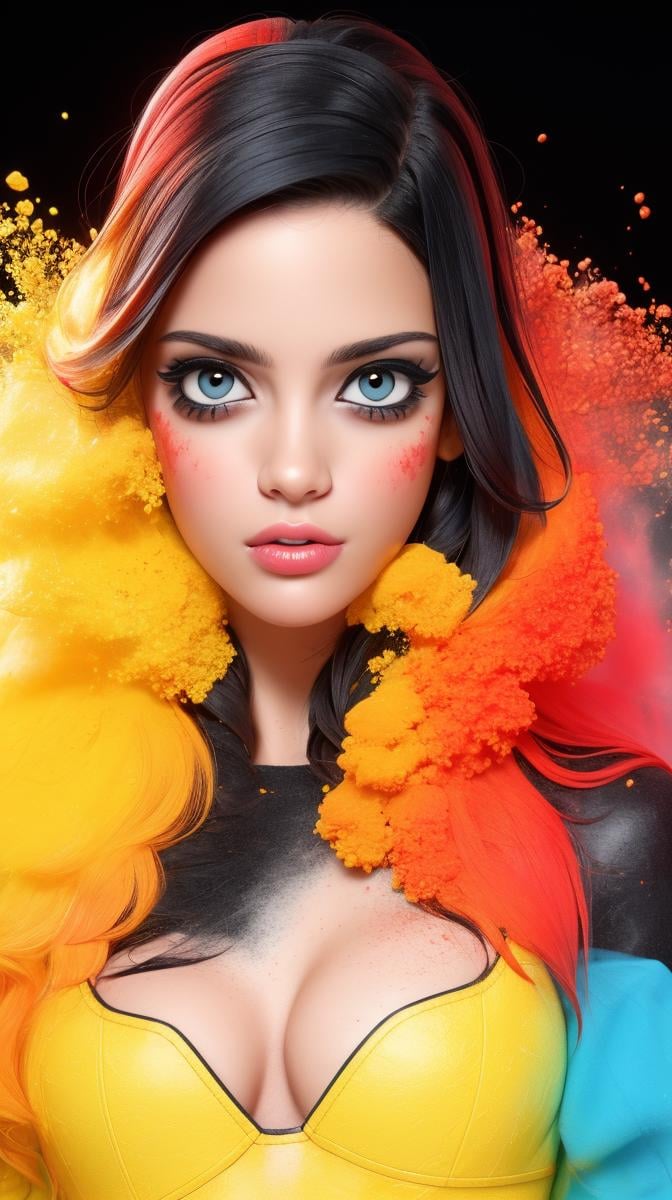 <lora:Sexy-Venezuelan:1>  black wavy hair,  black eyes, full lips, yellow powder, deep blue powder and red powder splashes on background, high quality photography, <lora:powder_v1.0:1>