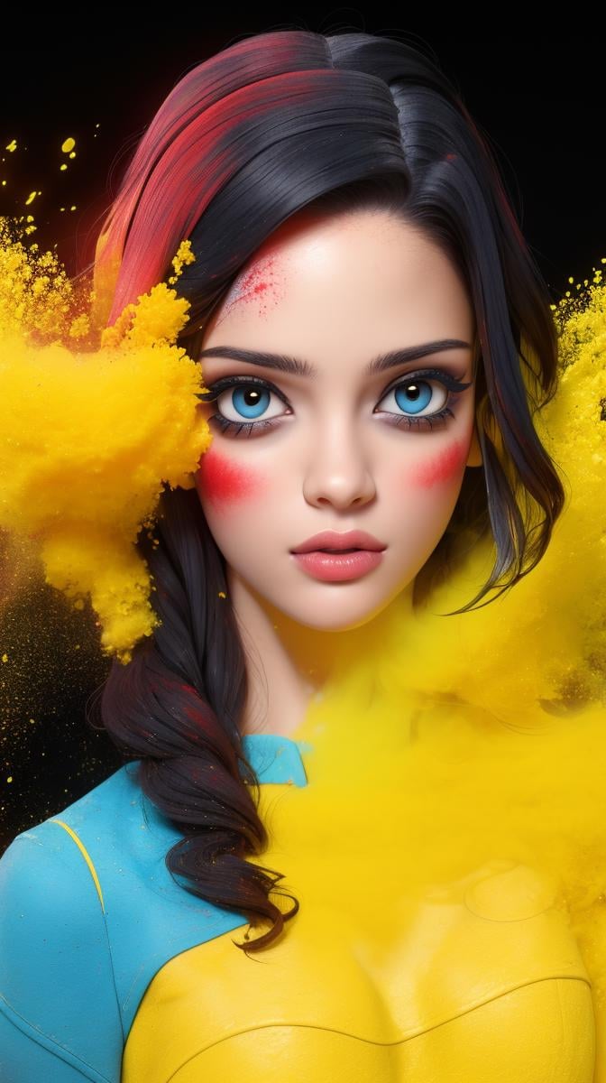 <lora:Sexy-Venezuelan:1>  black wavy hair,  black eyes, full lips, yellow powder, deep blue powder and red powder splashes on background, high quality photography, <lora:powder_v1.0:1>