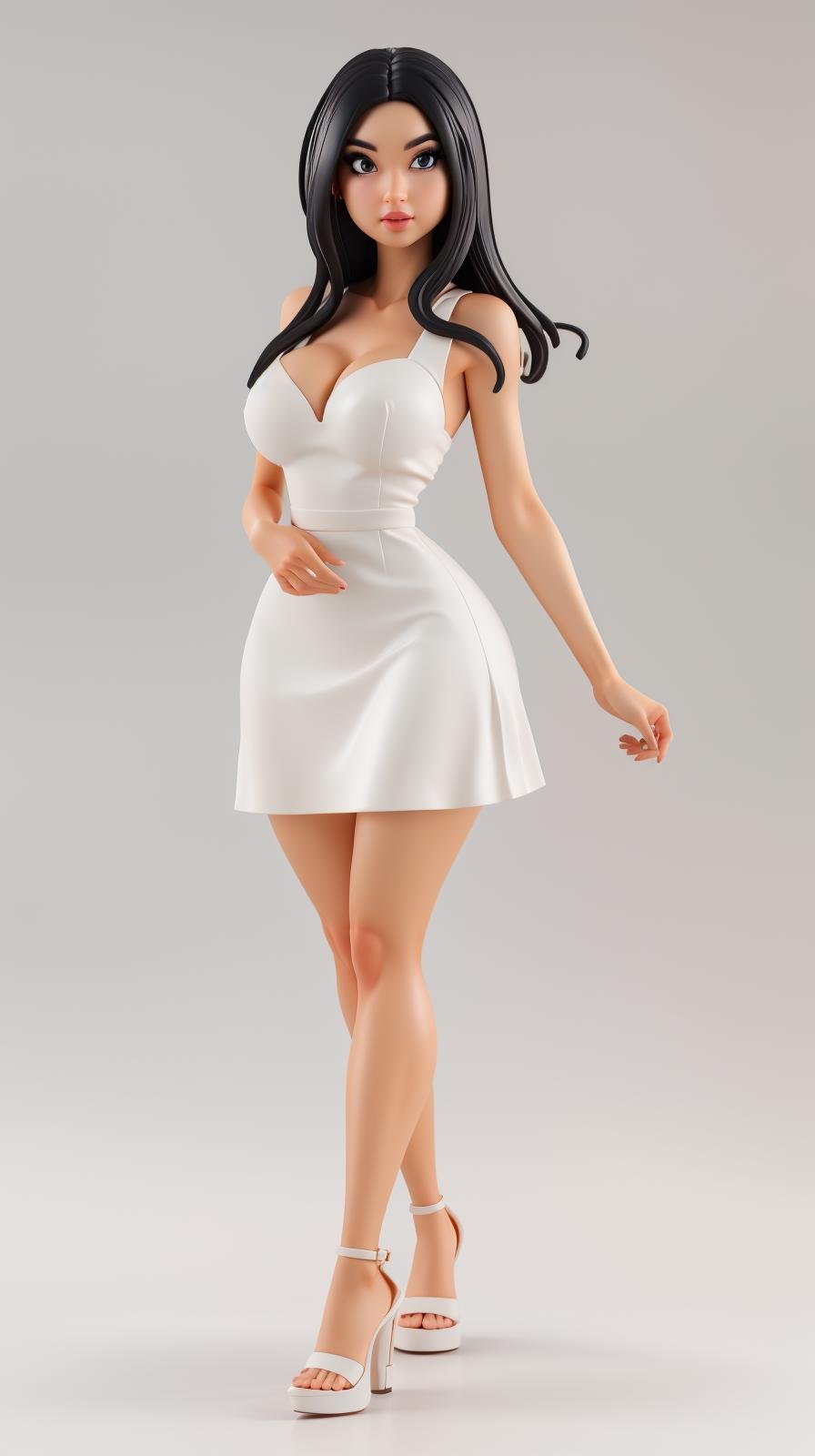 <lora:Sexy-Philippine:1>  long straight black hair, black eyes, as  pvc figure, white dress, sandals, high heels, looking at viewer, perfect hands, big breast, wide hips, thick thighs, ultra realistic digital art, a 3D render, photorealism, clean scene, white background, circular base, <lora:p3r3zstyle_v3:0.4>  <lora:P2p0:0.4> <lora:Sexy-Figures:1>   