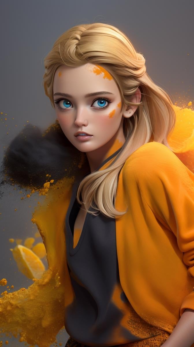 <lora:Sexy-German:1> blonde long hair, blue eyes, black powder, orange powder and yellow powder splashes on background, high quality photography, <lora:powder_v1.0:1>   CS-OBG