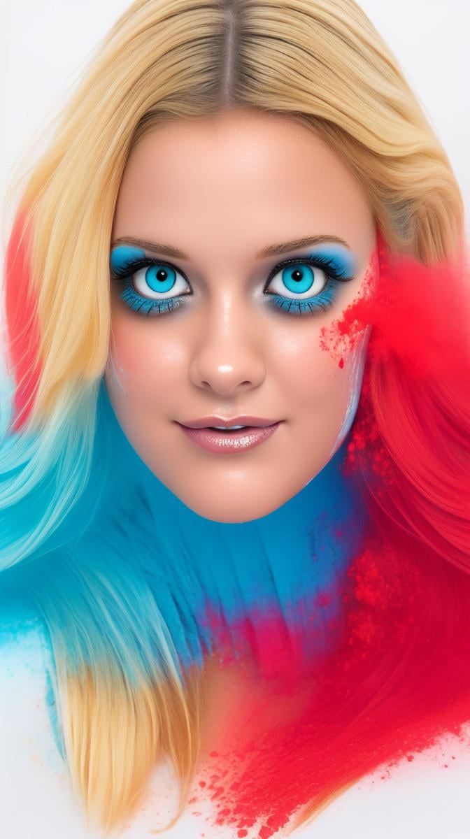 <lora:Sexy-American-Blonde:1>  blonde wavy hair, blue eyes, clean face, red powder, white powder and deep blue powder splashes on background, high quality photography, <lora:powder_v1.0:1>