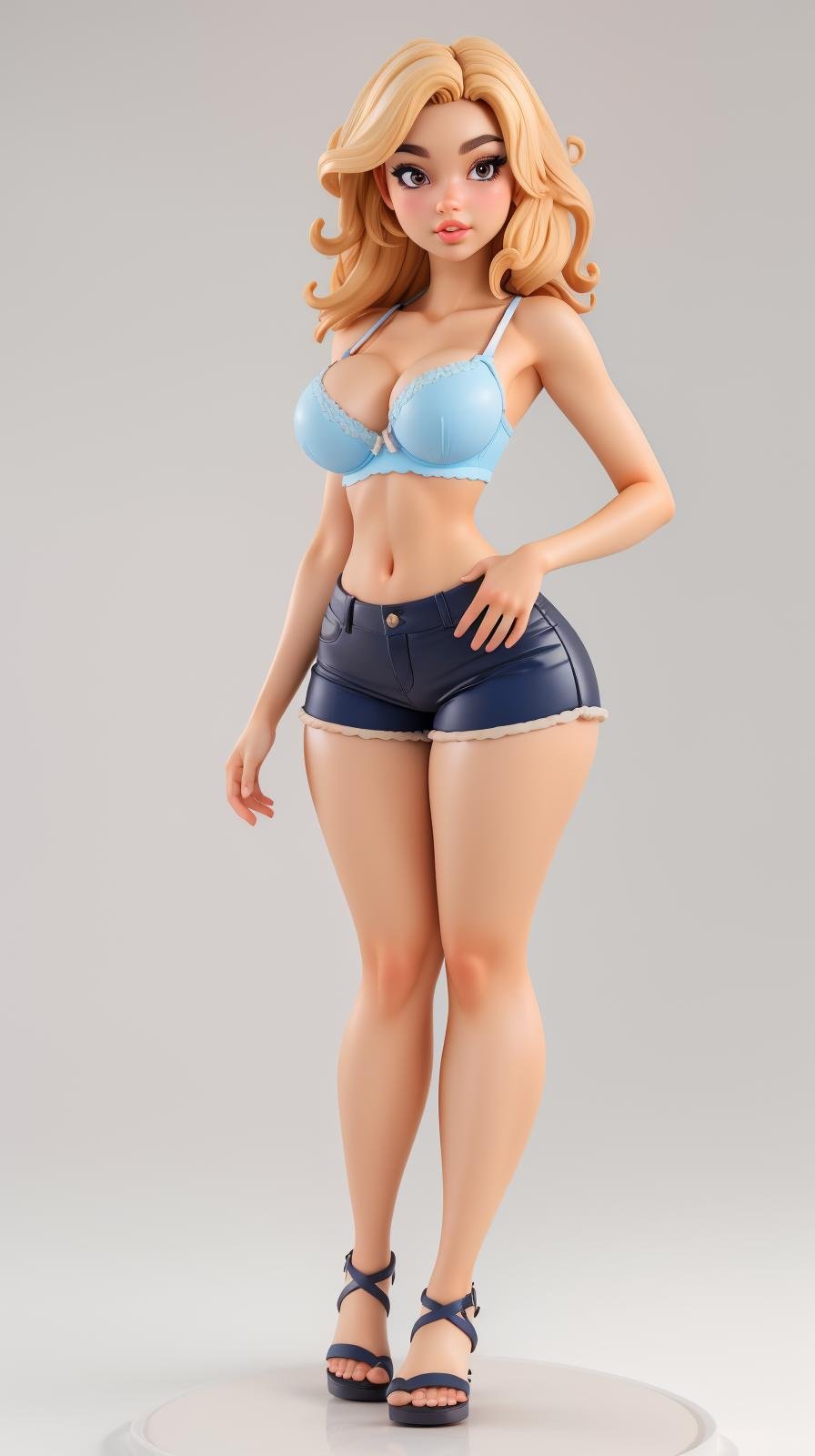 <lora:Sexy-Panamanian:1>  curly blonde hair, brown eyes, full lips, as  pvc figure, blue bra and shorts, sandals, looking at viewer, perfect hands, big breast, wide hips, thick thighs, ultra realistic digital art, a 3D render, photorealism, clean scene, white background, circular base, <lora:p3r3zstyle_v3:0.4>  <lora:P2p0:0.4> <lora:Sexy-Figures:1>