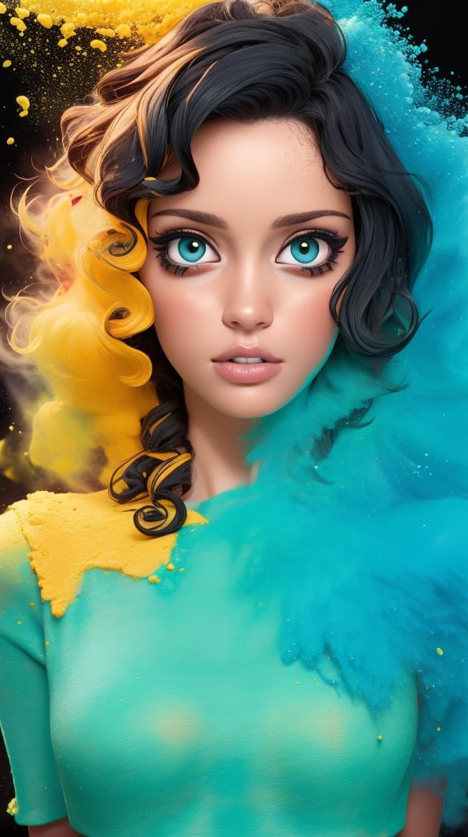 <lora:Sexy-Brazilian:1>  black curly hair, hazel eyes, full lips, yellow powder, deep blue powder and green powder splashes on background, high quality photography, <lora:powder_v1.0:1>